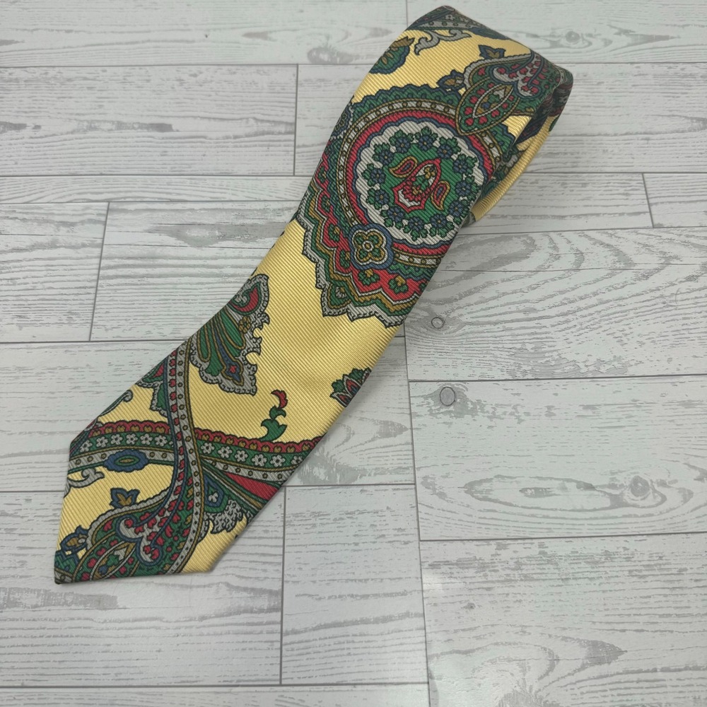 Polo Ralph Lauren Mens Silk Tie Yellow Paisley Green Red Medallion Wide Blade